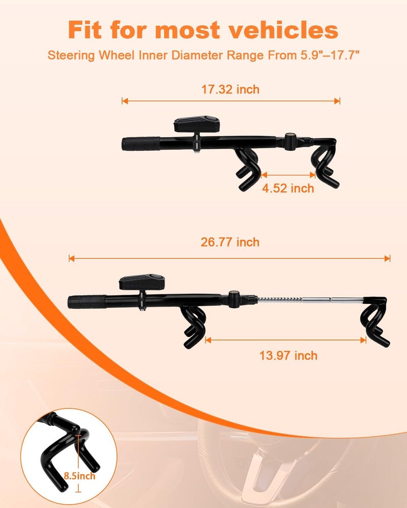 ELECTOP Black Steering Wheel Lock with 113dB Car Alarm Anti-Theft Device Double Hook Car Lock with Adjustable Locking & 2 Keys, Car Alarm System with Motion Sensor for Vehicle Truck Van SUV - Image 4